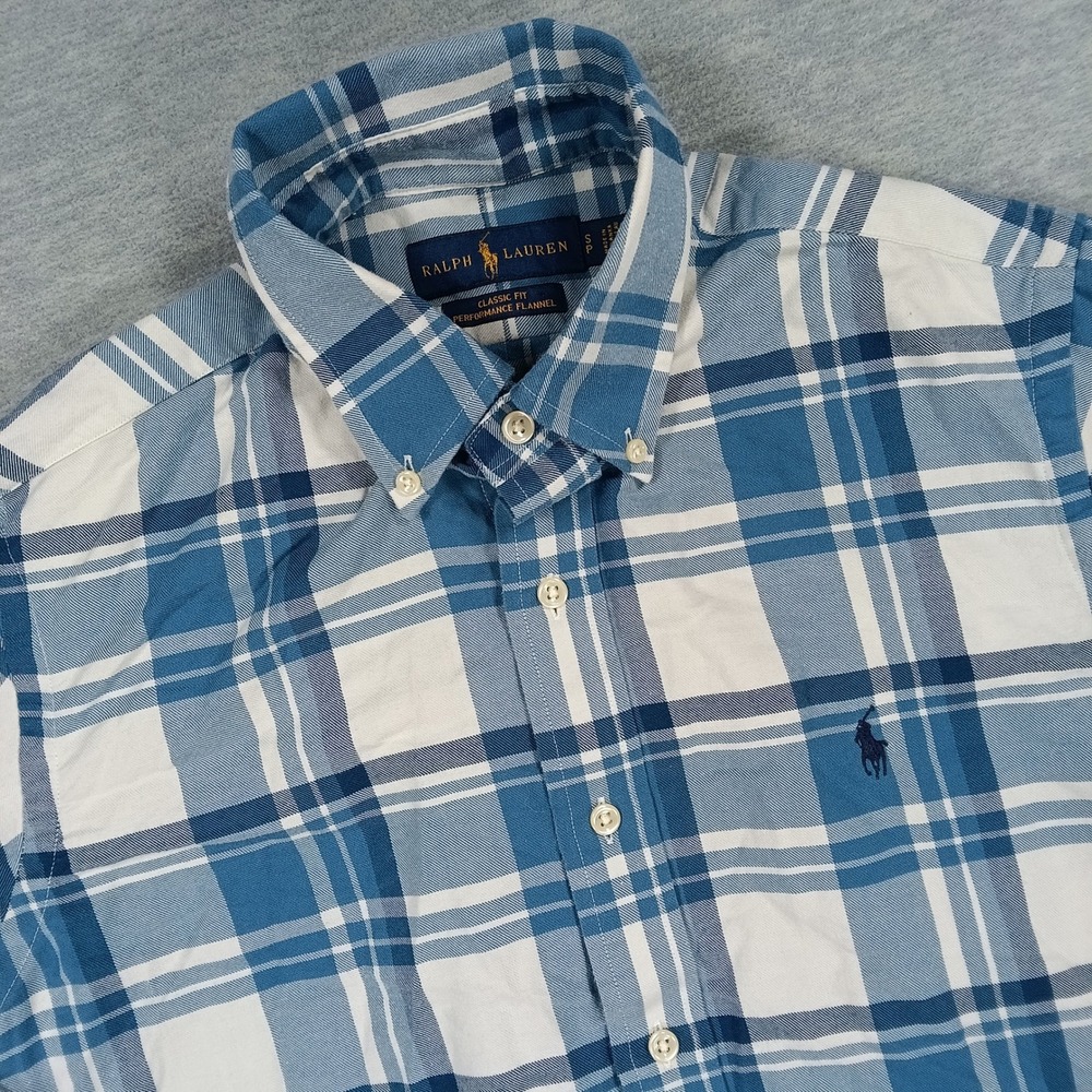 Polo Ralph Lauren Mens Classic Fit Performance Flannel Plaid Shirt Blue White S